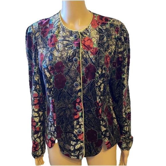 R&K Jackets & Blazers - R&K Evenings Jacket Sz 8P Red Gold Black Velvet Floral Design Button Rockabilly